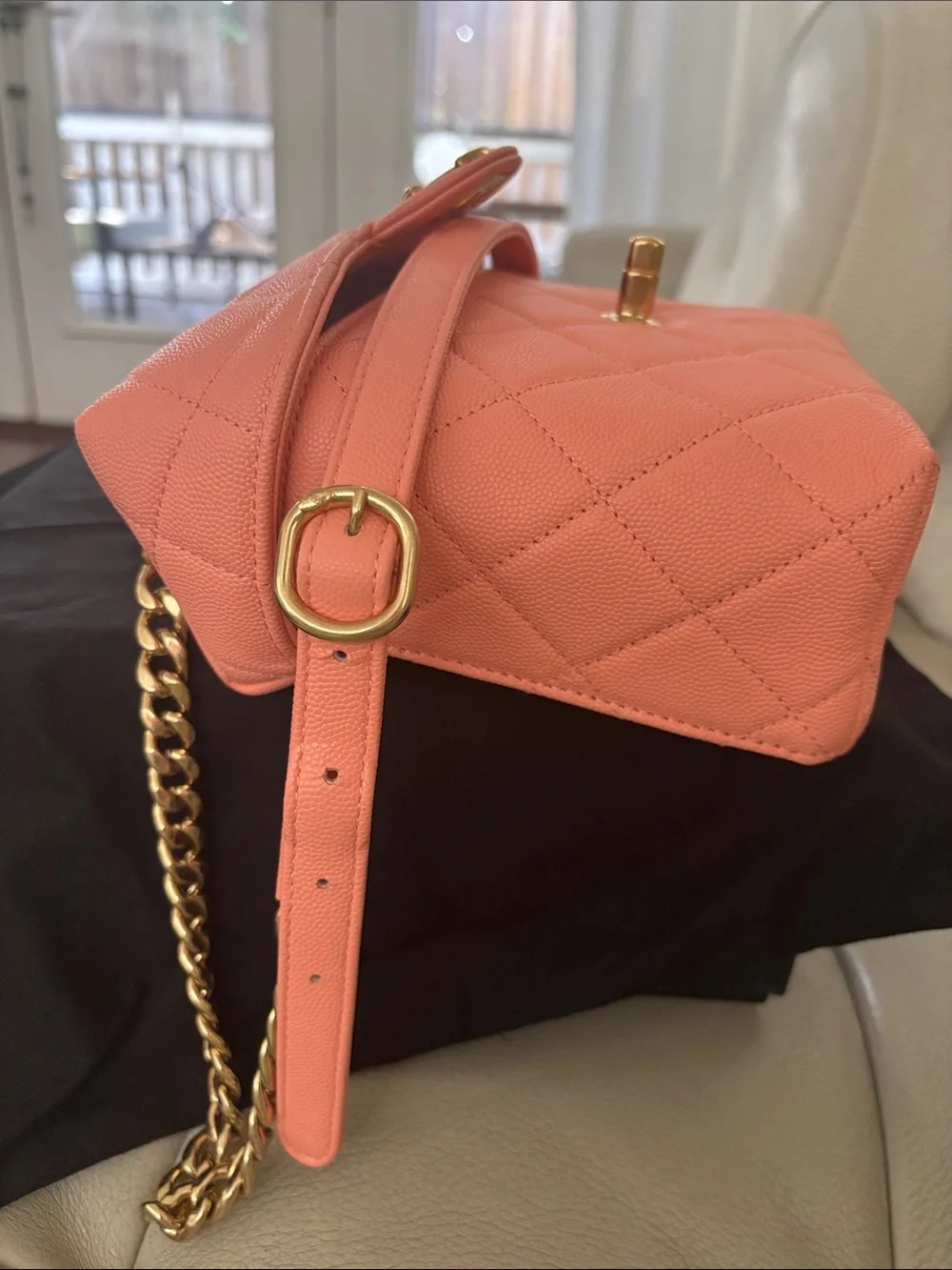 CHANEL Coral Pink Quilted Mini Top Handle Bag with Gold Hardware